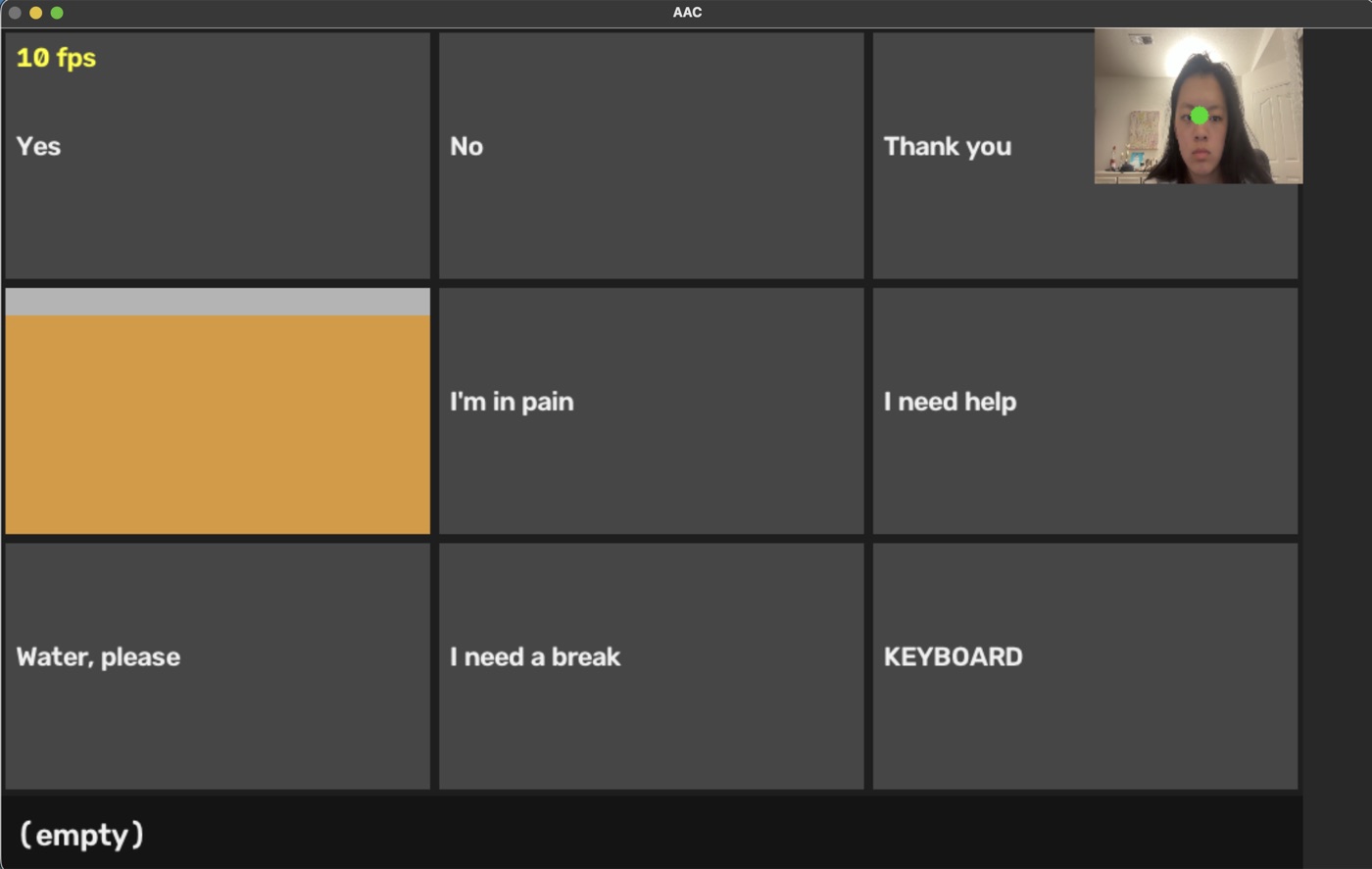 The communication board on screen: a three-by-three grid of phrase tiles reading Yes, No, Thank you, I'm in pain, I need help, Water please, I need a break, and Keyboard, with one tile filling orange as the dwell timer runs, and a small webcam preview in the corner marking the tracked pupil