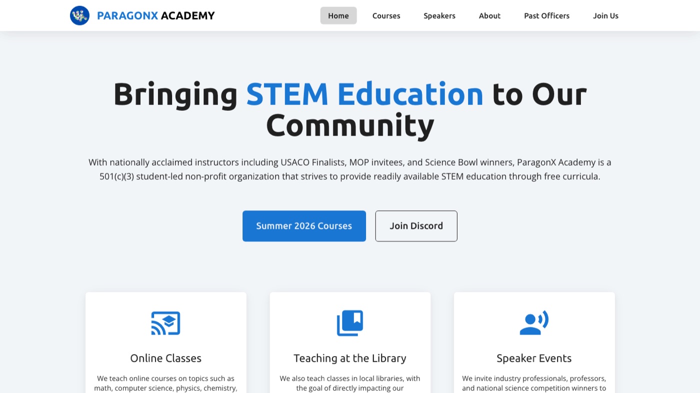The ParagonX Academy homepage, headlined Bringing STEM Education to Our Community