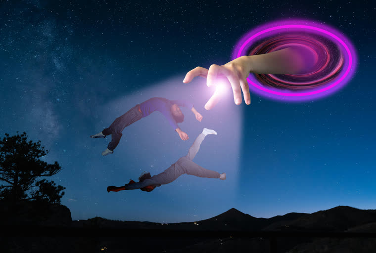 A surreal composite of figures floating toward a glowing ring above mountains at dusk