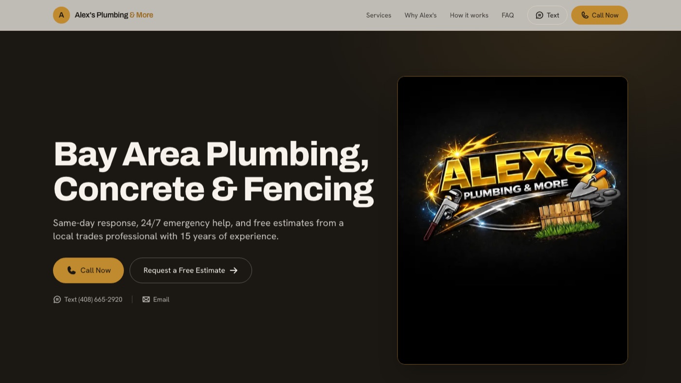 The Alex's Plumbing and More homepage: a dark hero reading Bay Area Plumbing, Concrete and Fencing, with call and free-estimate buttons