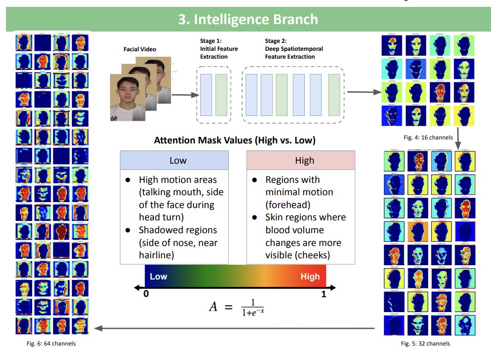Poster panel titled Intelligence Branch: facial video passing through two feature-extraction stages, with 16-, 32- and 64-channel attention maps and a scale showing which face regions receive low and high attention
