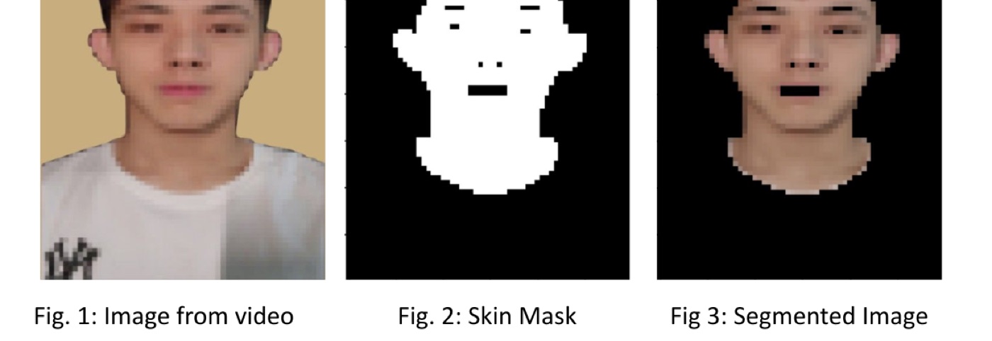 Three panels: a video frame of a person's face, a black-and-white skin mask, and the resulting segmented image showing only skin regions
