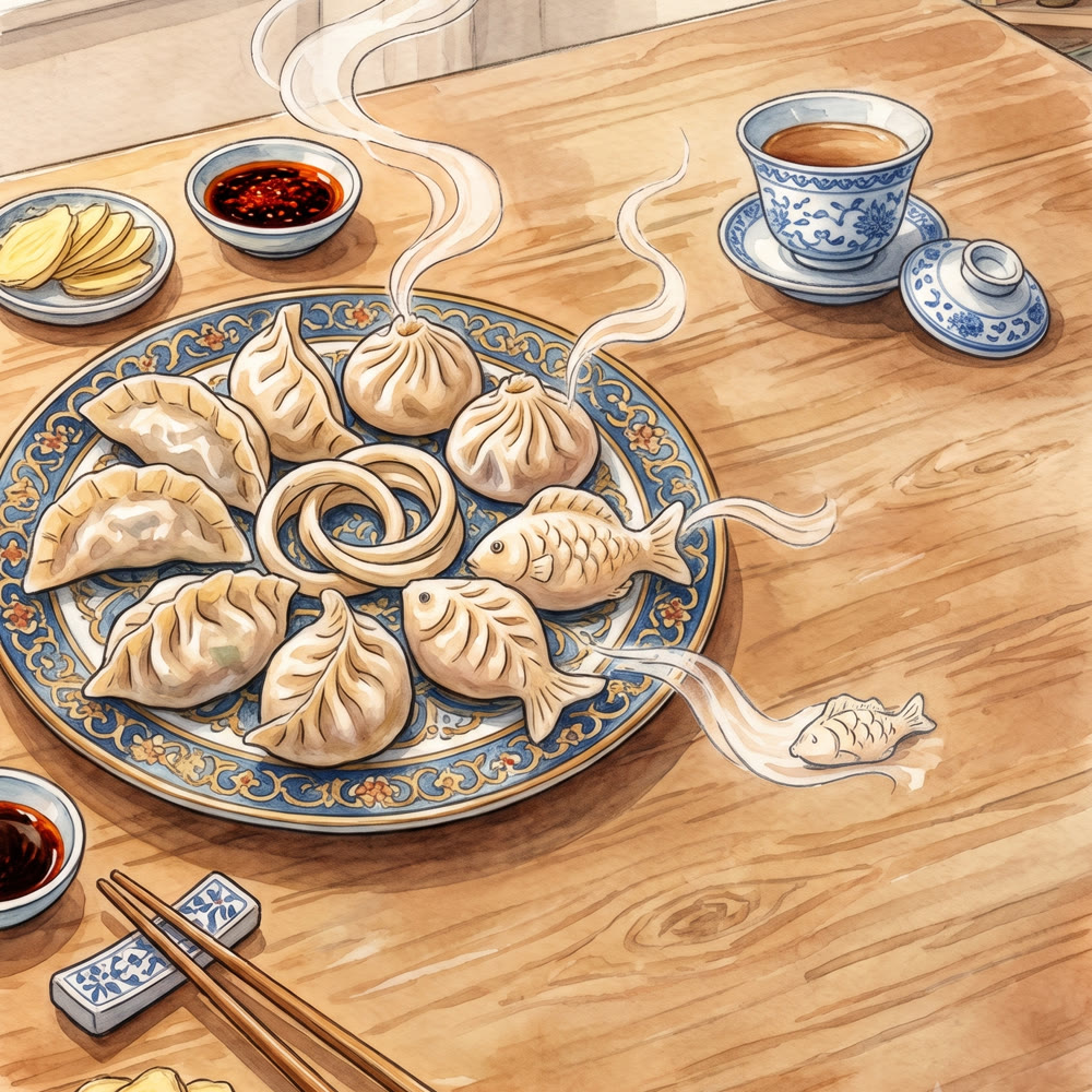 Watercolour illustration: a plate of steaming dumplings on a wooden table, beside tea, ginger and chilli oil