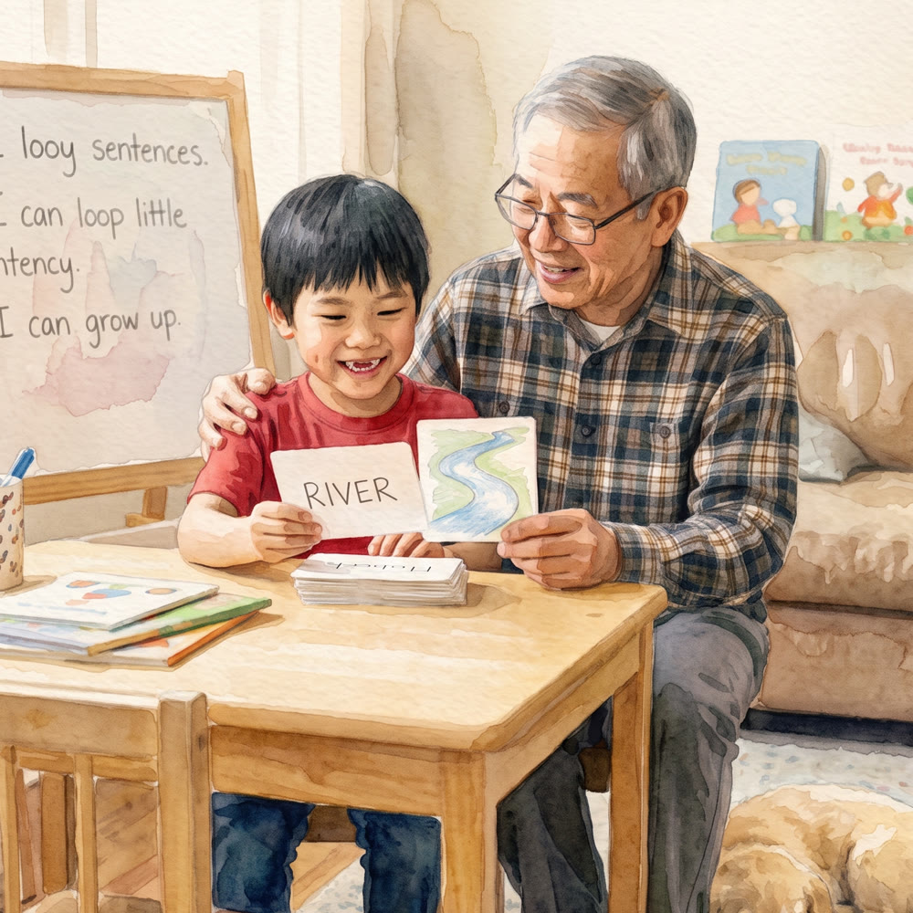 Watercolour illustration: a grandfather and a young boy at a table, holding up a flashcard reading RIVER